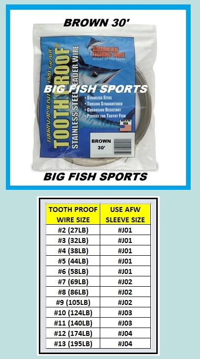 AFW TOOTH PROOF STAINLESS STEEL LEADER-Single Strand Wire-360LB Test 30FT BROWN