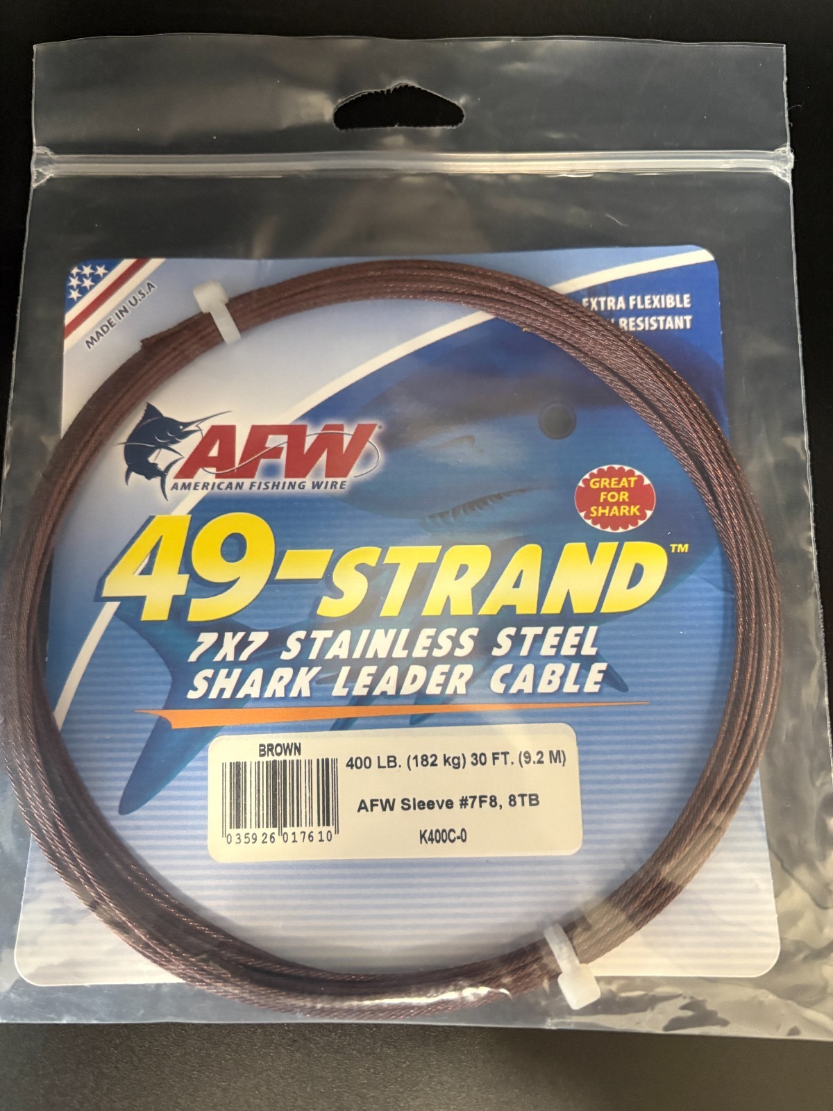 AFW 49-Strand 7×7 Stainless Steel Shark Leader Cable 400 LB 30 FT Brown K400C