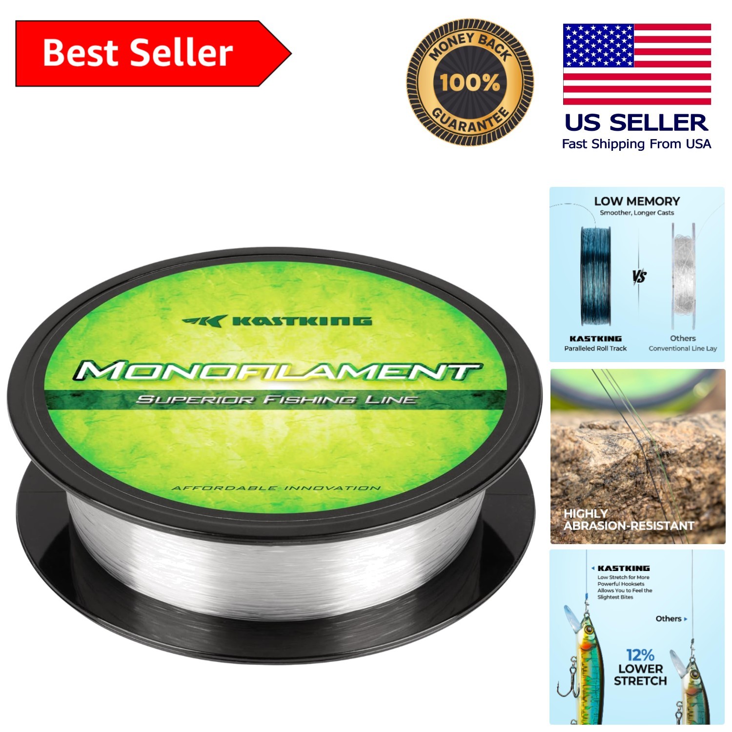 15lb Abrasion Resistant Monofilament Fishing Line – 300 Yards, Low Memory Design