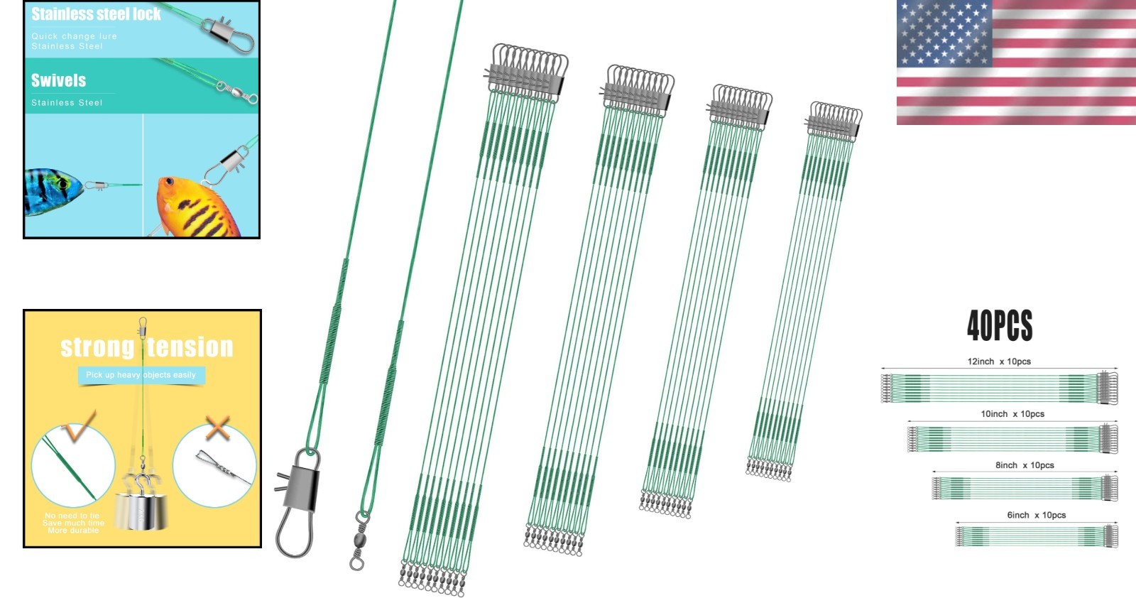 40pcs Anti-Bite Stainless Steel Fishing Leaders with Swivels – 6″ to 12″ Sizes
