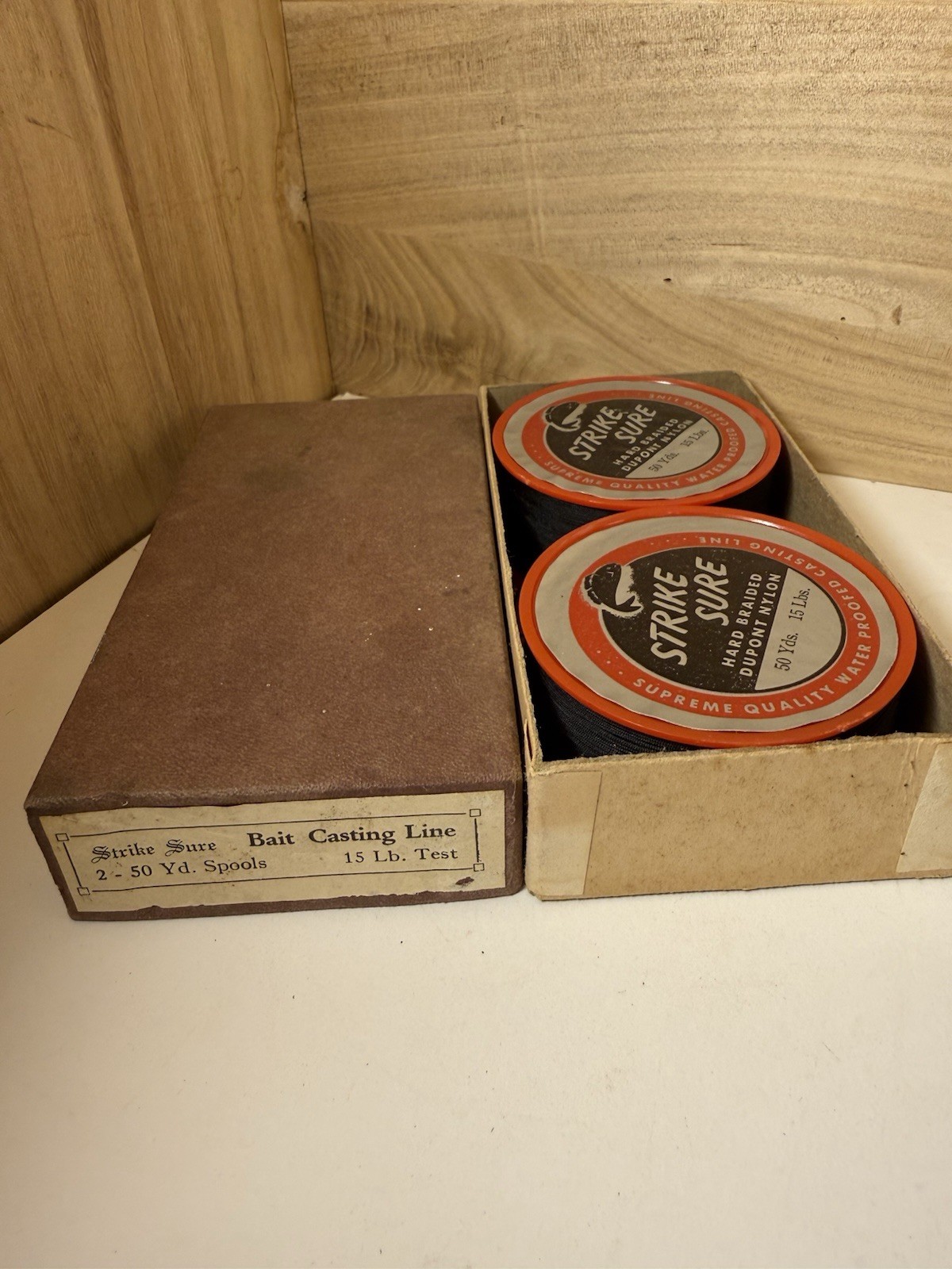 Vintage Strike Sure Bait Casting Line Box w 2 Spools 50 Yds 15 Lb Dupont Nylon