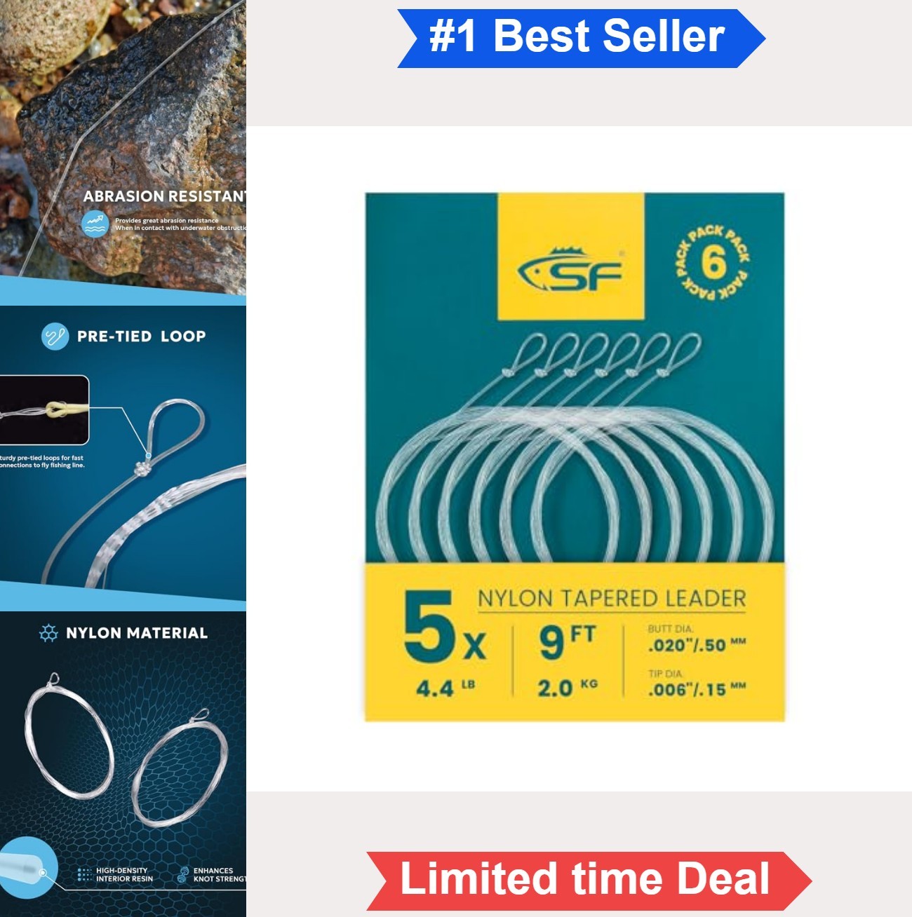 Fly Fishing Tapered Leader 9FT 5X Nylon Pre-Tied Loop Trout Salmon Steelhead