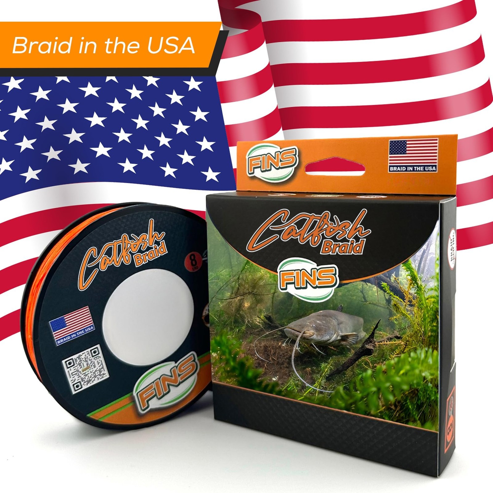 FINS Catfish Braided Fishing Line 8-Strand Orange 100 Pounds 500 Yards
