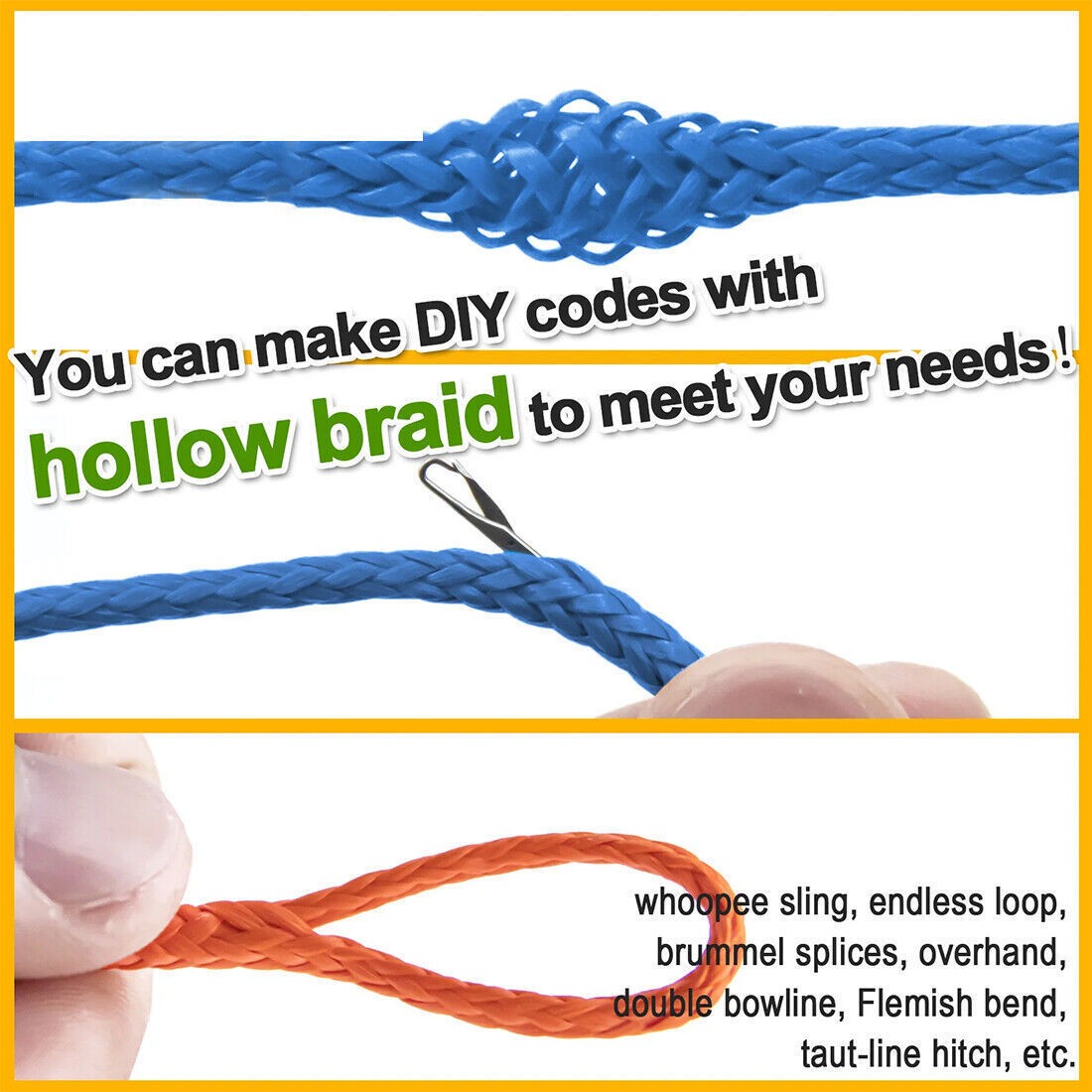 350lb 1MM Hollow Braided Dyneema Line Strong and Durable Braided UHMWPE Rope