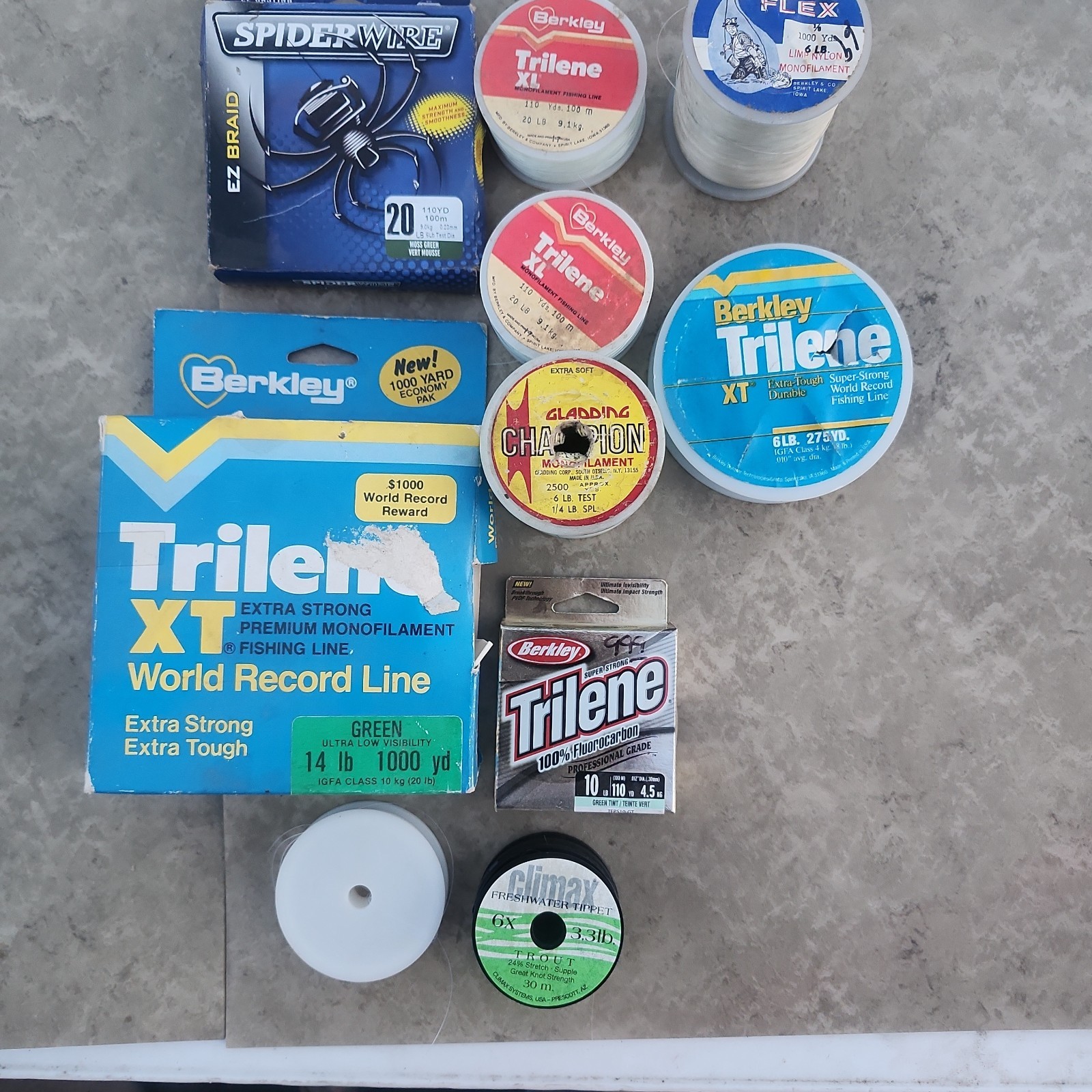 Lot 10 Vintage Spools Fishing Line Berkley Trilene XT XL Dew Flex SpiderWire