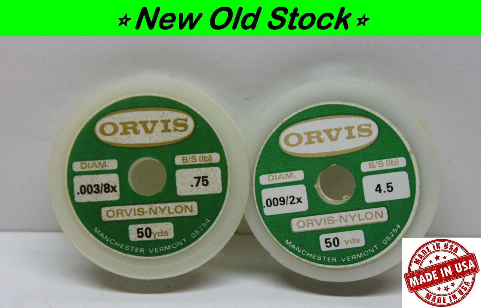 Lot of 2 Orvis 50 yd Fishing Line Spools (1) .Diam. 009/8X .75 – (2) .009/2X 4.5