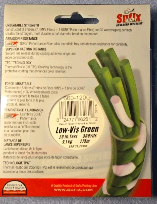 Sufix 832 Braided Fishing Line 20lb 300yd Low‑Vis Green 8‑Fiber Superline