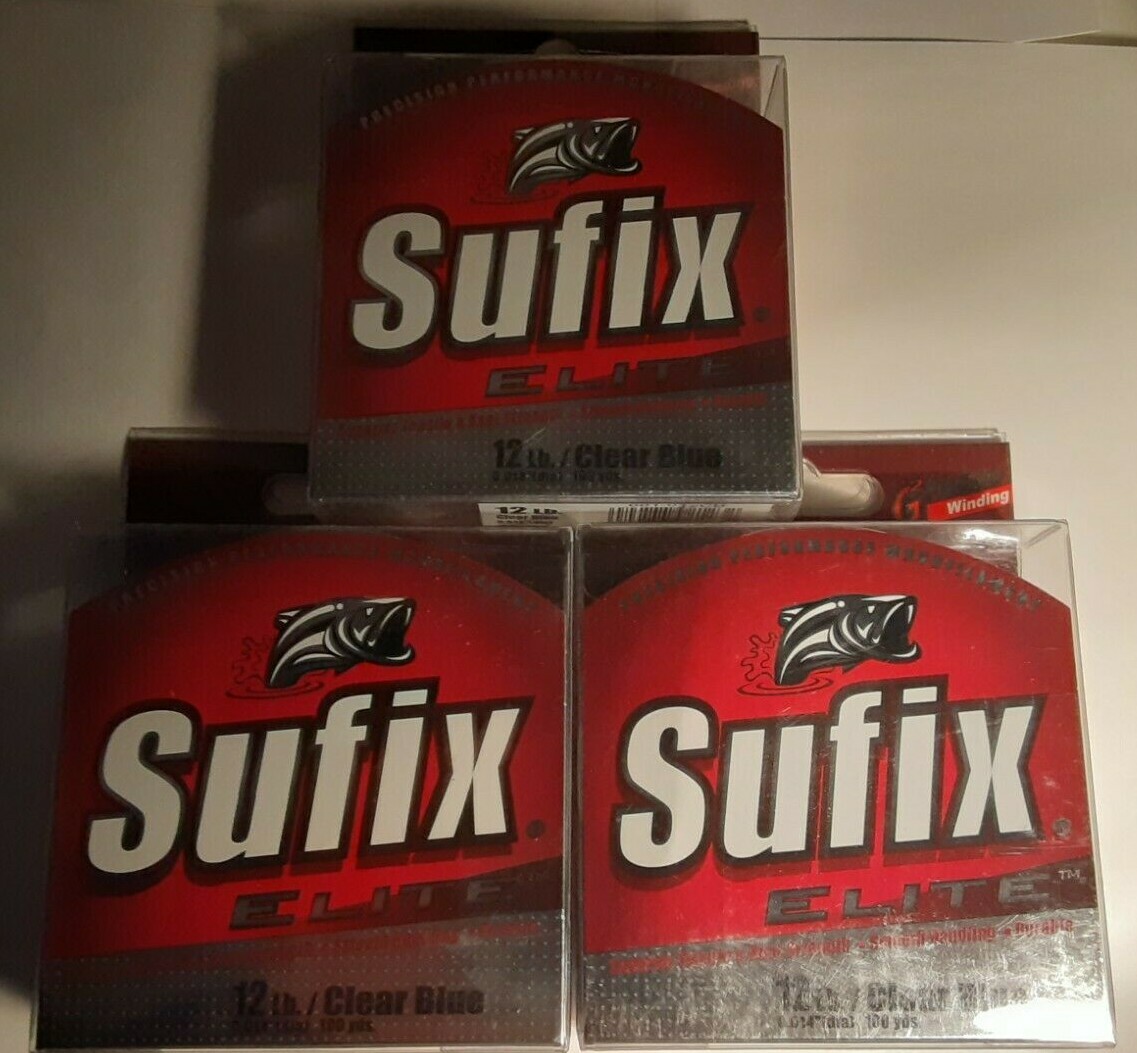 3 SPOOLS Suffix Elite Hi-Vis clear blue Mono 100 Yards Fishing Line 12 LB