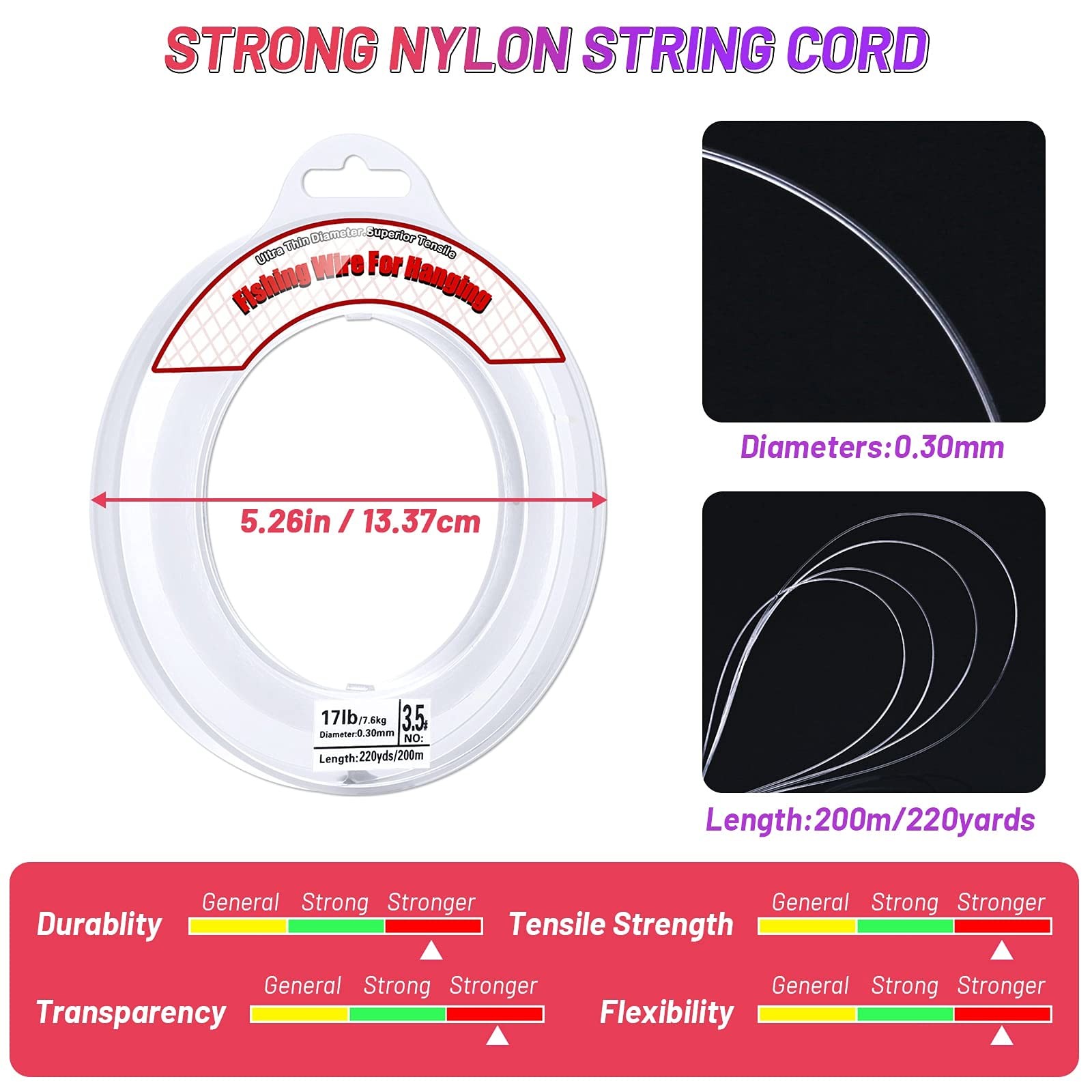 Clear Fishing Line 656FT, 0.3mm Nylon String, 17lb Invisible Wire