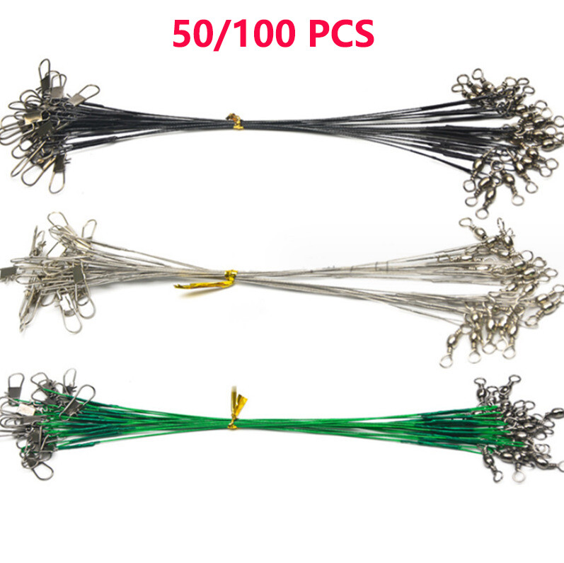 100Pcs Stainless Steel Trace Wire Leader Fishing Lure Line with Snap & Swivels