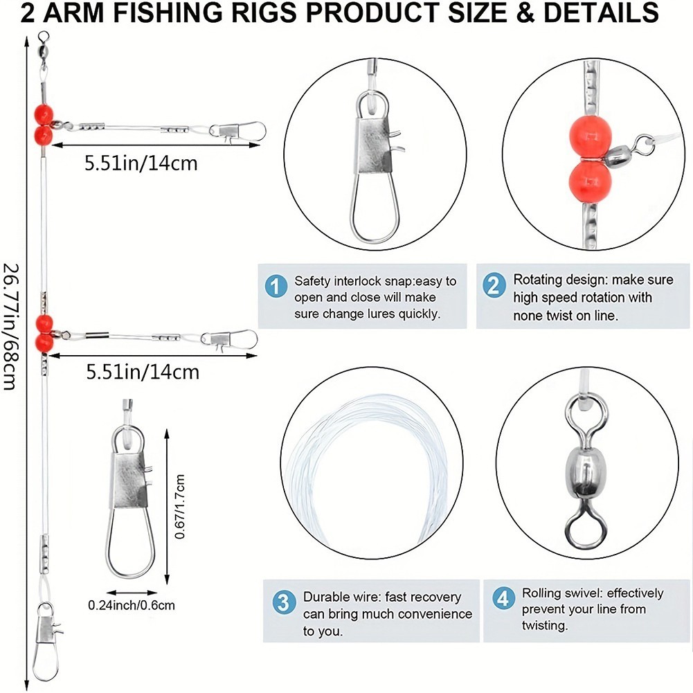 Surf Fishing Steel Leaders with Swivels Beads and Snaps 6pcs 55lb Test