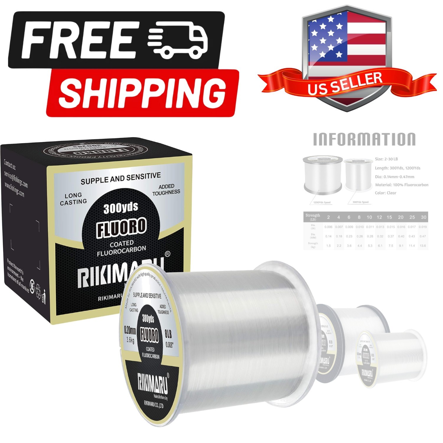 Fluoro Fishing Line, 100% Soft Fluorocarbon Coated Fishing Line