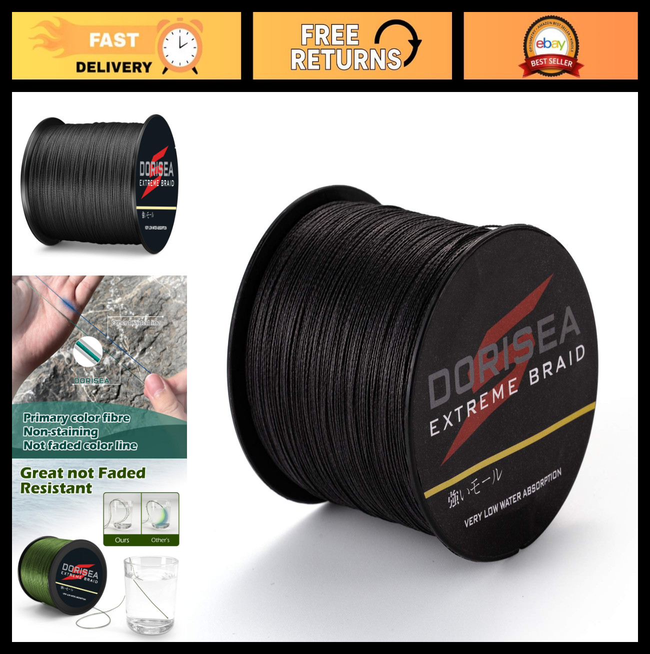 100% PE Black Braided Fishing Line 109-2187 Yards, 6-550Lb Test, Zero Stretch Su