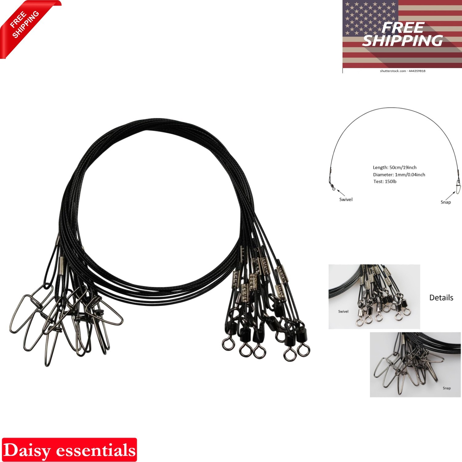 20 Pcs Heavy Duty Fishing Wire Leaders 150LB Stainless Steel 19 Inch with Swi…