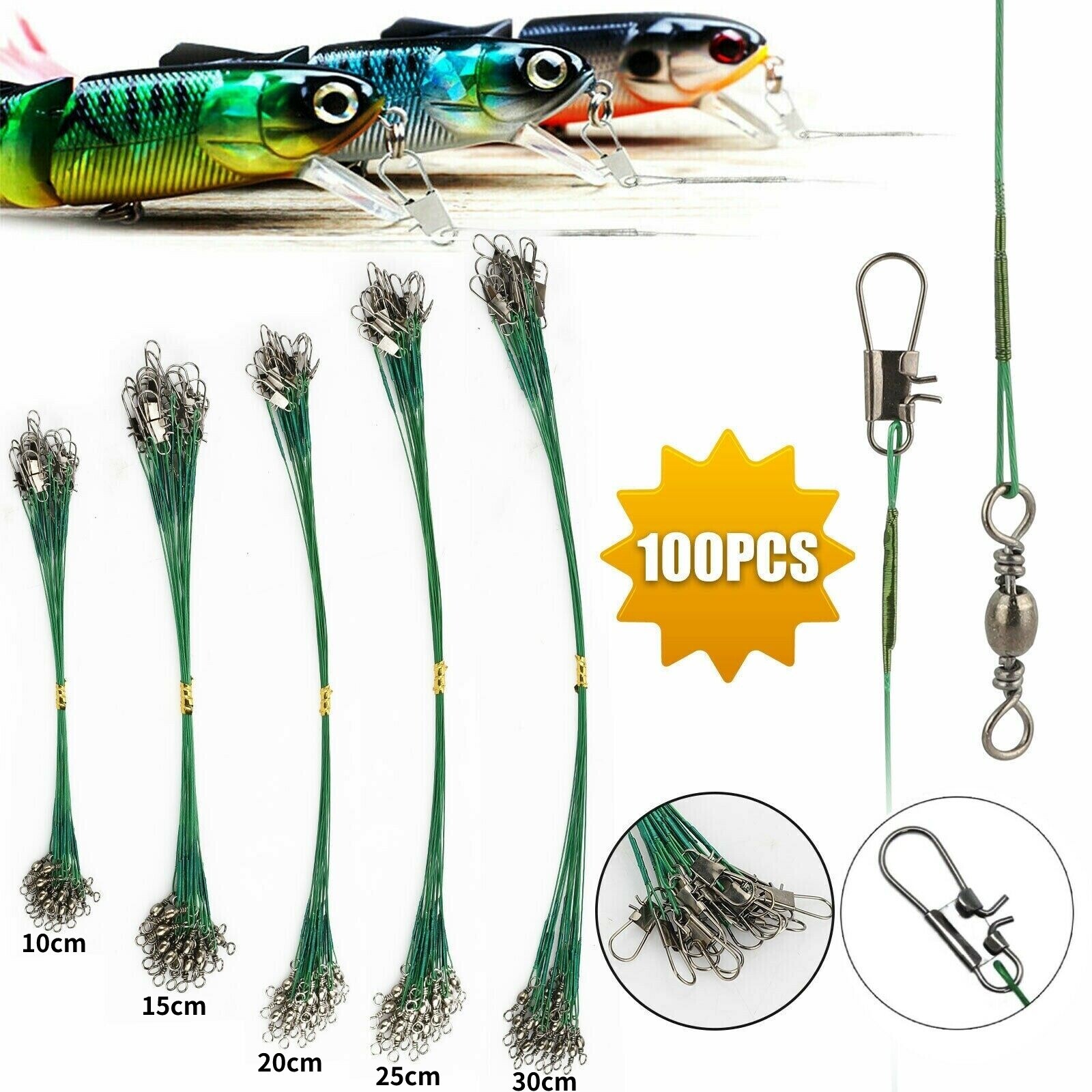 100PCS Trace Wire Leader Fishing Line Stainless Steel Lures Snap Swivel Durable