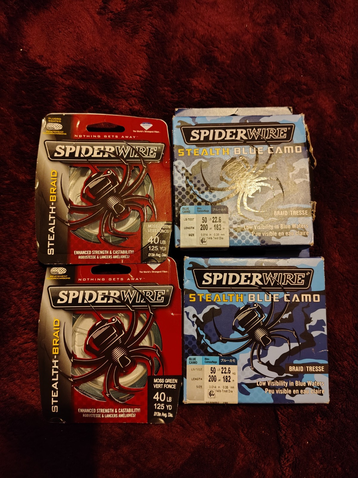 Lot Of 4 Spider Wire Fishing Line 125yd 200yd Stealth Blue Camo Braid 40lb 50lb