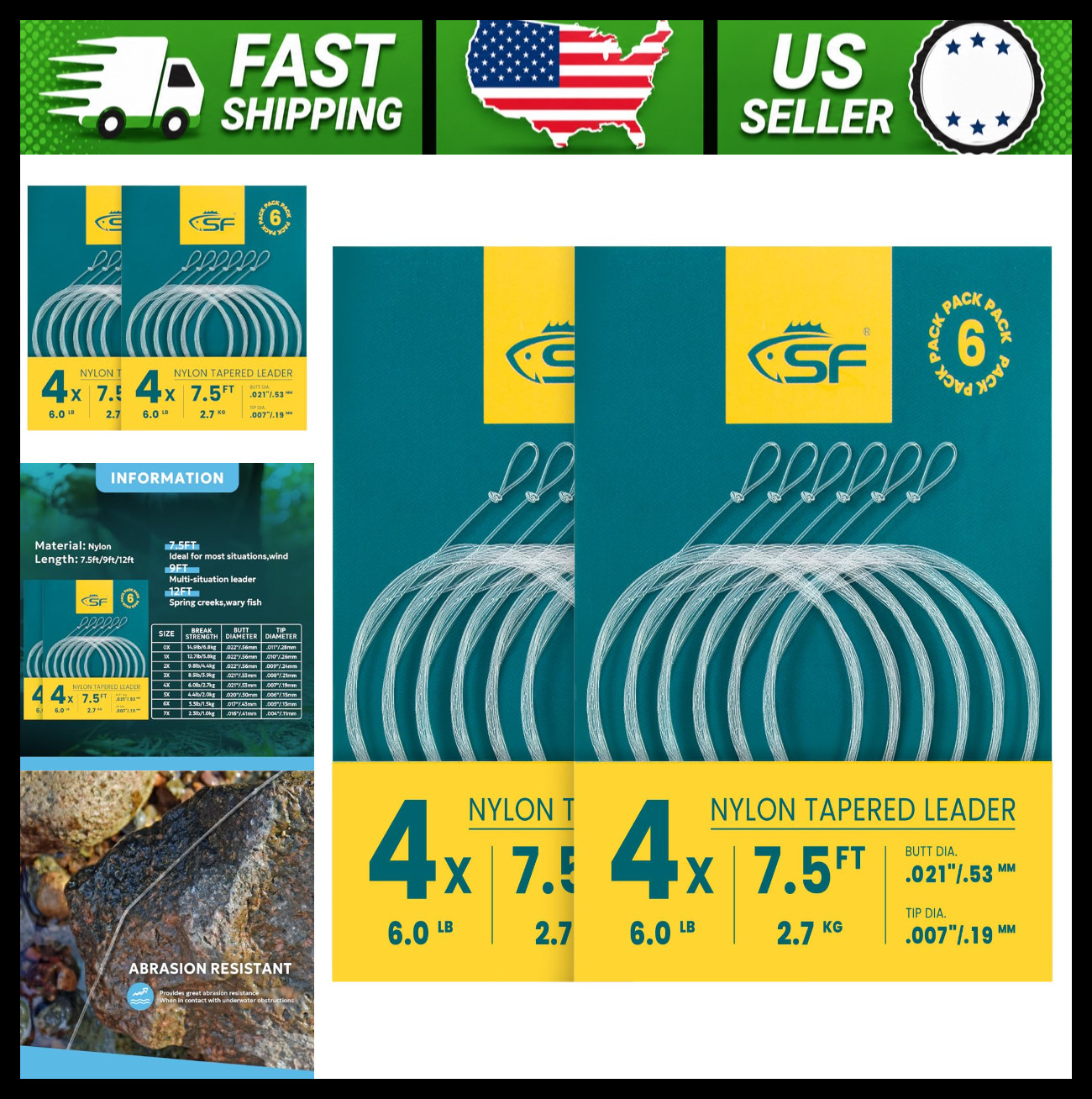 SF Pre-Tied Loop Fly Fishing Tapered Leader Nylon Clear Trout Saltwater 7.5-15FT