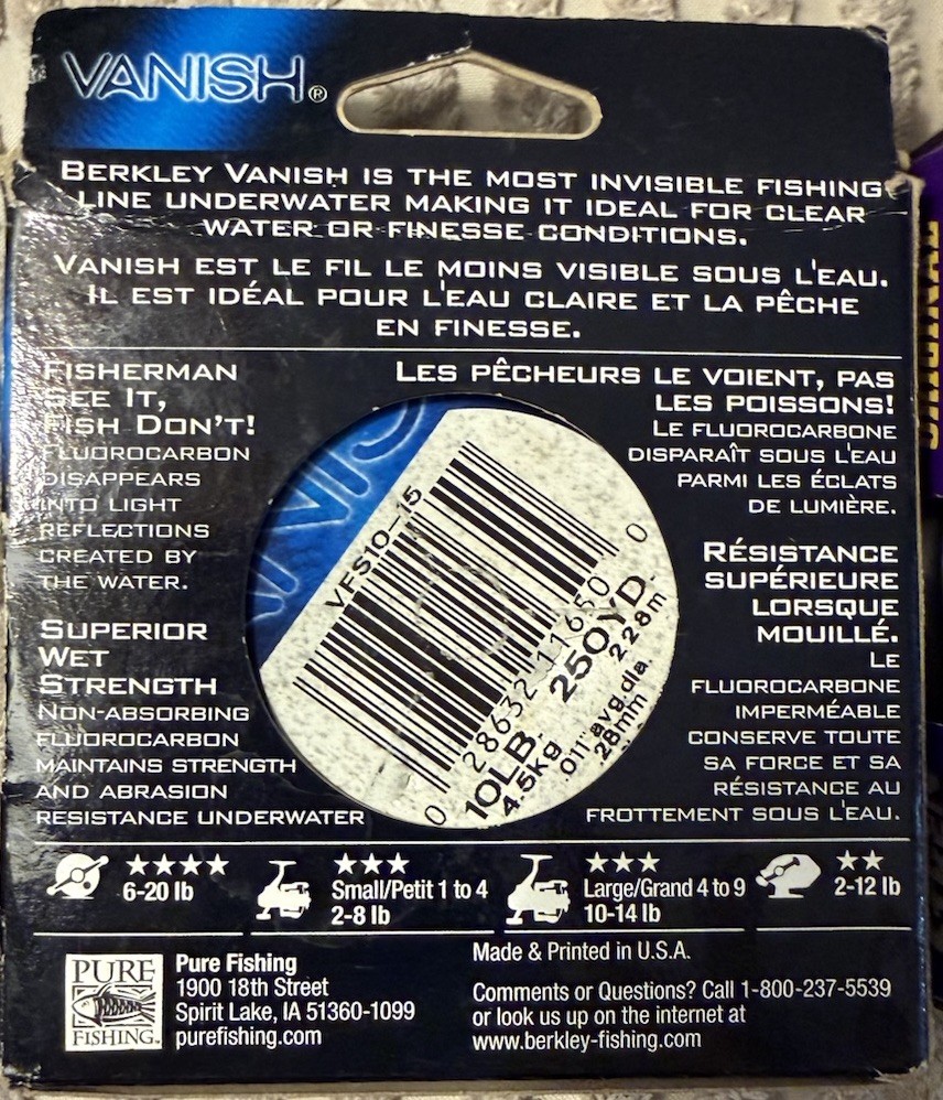 BERKLEY VANISH- Easy Casting 100% Fluorocarbon, 10 LB, 250 yd New In Package